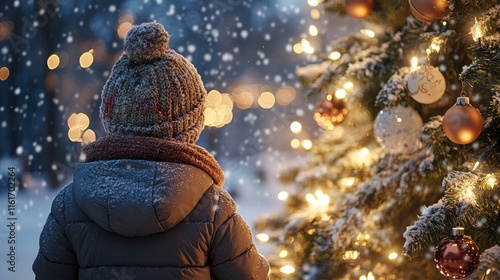 Сhild dressed in warm winter clothing, including a puffy jacket, scarf, and knit hat, standing in front of a beautifully decorated Christmas tree.