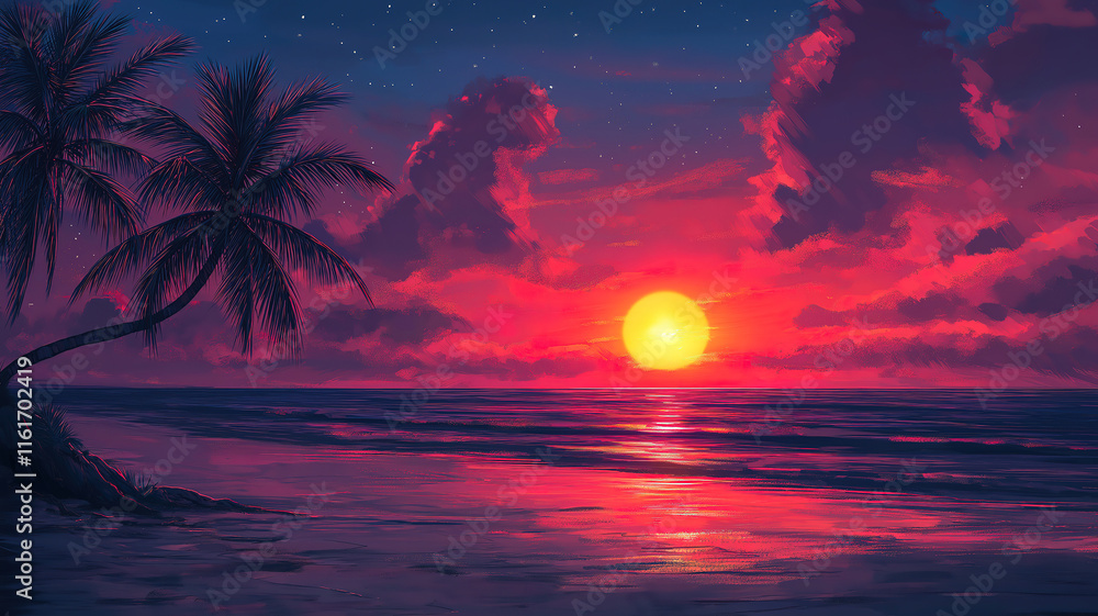 Vibrant sunset over the sea, highlighting a coconut tree on the white beach, creating a tropical Vibrant sunset over the sea, highlighting a coconut tree on the white beach, creating a tropical