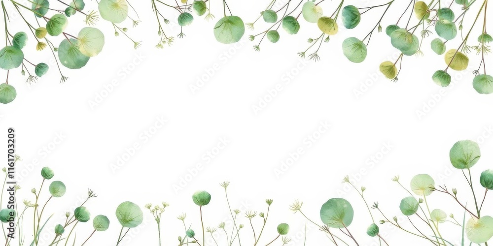 Watercolor botanical frame with green plants and round leaves isolated on white background, round leaves, natural, watercolor Watercolor botanical frame with green plants and round leaves isolated on white background, round leaves, natural, watercolor