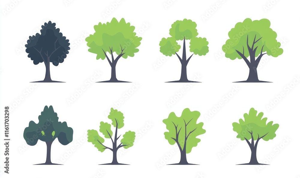Eight stylized tree illustrations, various shapes and colors.