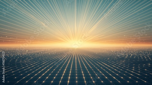 A geometric pattern of light rays expanding endlessly into a glowing horizon.