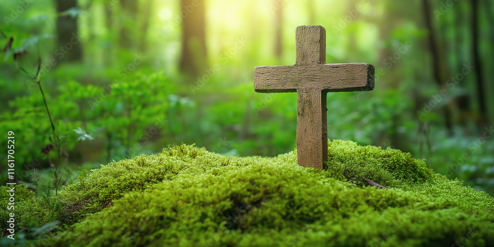 Wooden christian cross standing on moss in forest representing faith and spirituality Wooden christian cross standing on moss in forest representing faith and spirituality