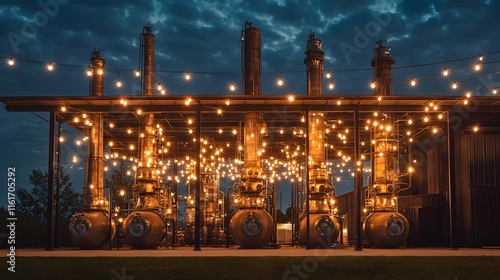 A row of industrial buildings with lights on top of them. The lights are on at night. Scene is mysterious and somewhat eerie photo