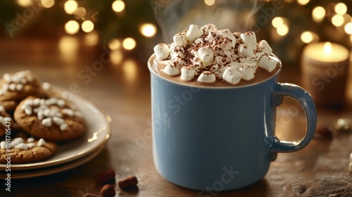 a steaming mug of hot chocolate topped with whipped cream and marshmallows, sprinkled with cocoa powder. The mug is placed on a cozy table next to a plate of cookies, with Christmas lights.