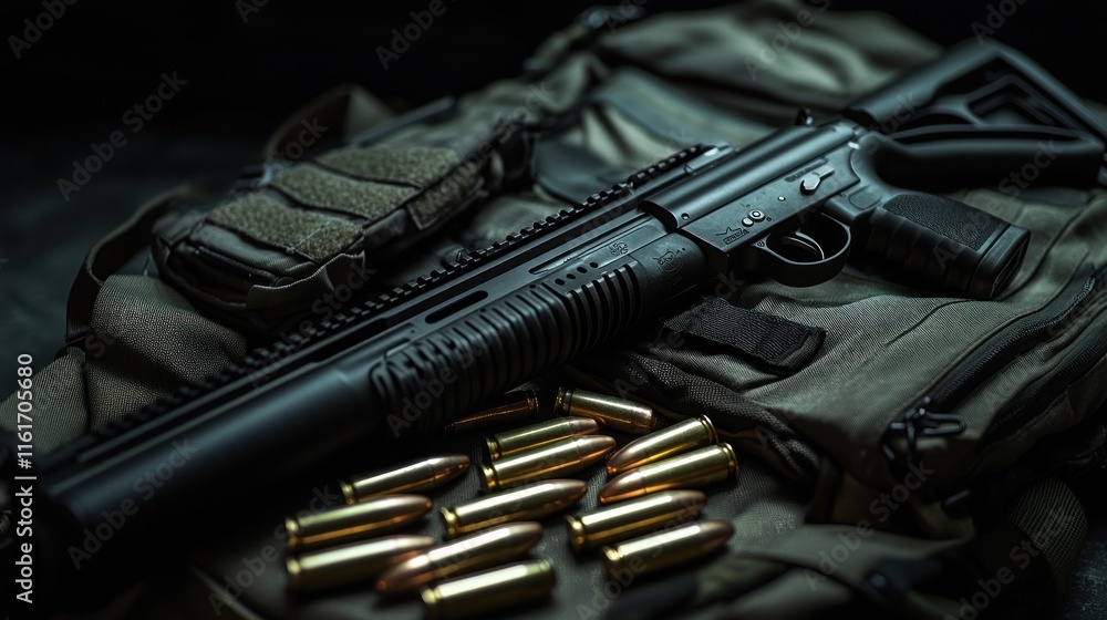 Tactical Rifle Resting On Bag With Ammunition Tactical Rifle Resting On Bag With Ammunition