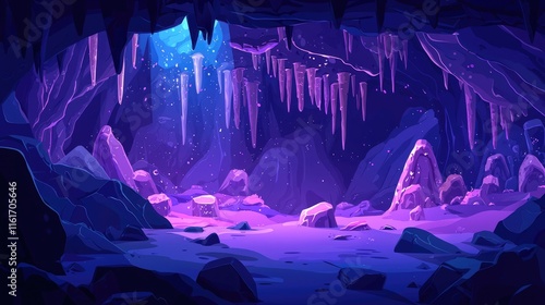 A Cave Interior with Purple Icicles and Glowing Rocks