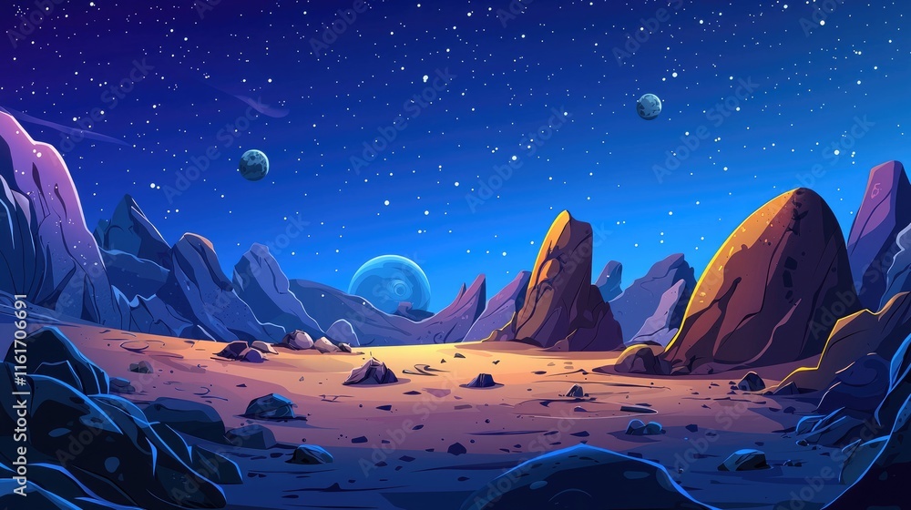 Fototapeta premium A Starry Night Sky Over an Alien Landscape with Blue Planets