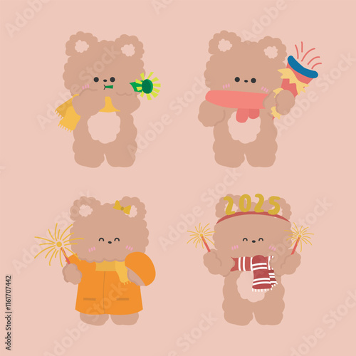 set of funny bear party new year