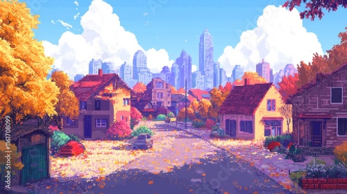 Pixel art city background with colorful houses trees a road with vehicles and a vibrant skyline of tall buildings. Ideal for urban themes retro aesthetics video games city planning educational photo