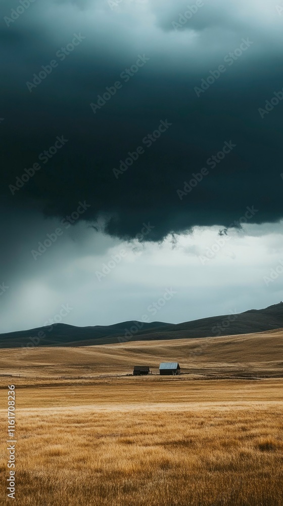 Obraz premium Dark Clouds Over Golden Field And Rustic Barns