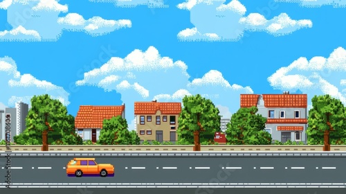 Pixel art city background with colorful houses trees a road with vehicles and a vibrant skyline of tall buildings. Ideal for urban themes retro aesthetics video games city planning educational photo