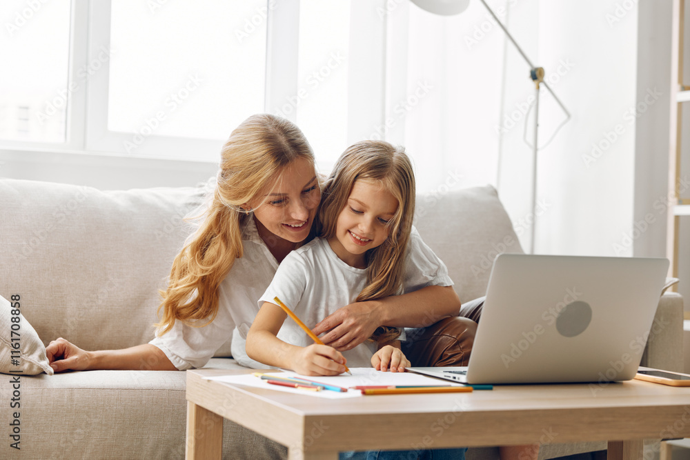 Mother and daughter bonding over a laptop on a cozy living room couch, enjoying quality time together Mother and daughter bonding over a laptop on a cozy living room couch, enjoying quality time together