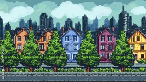 Pixel art city background with colorful houses trees a road with vehicles and a vibrant skyline of tall buildings. Ideal for urban themes retro aesthetics video games city planning educational photo