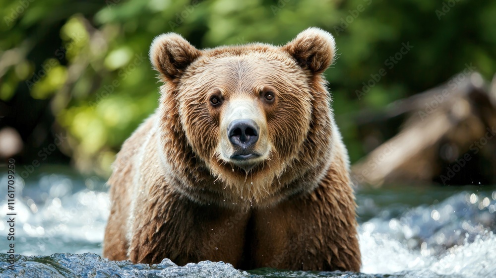 Fototapeta premium A brown bear fishing in a river during salmon season.