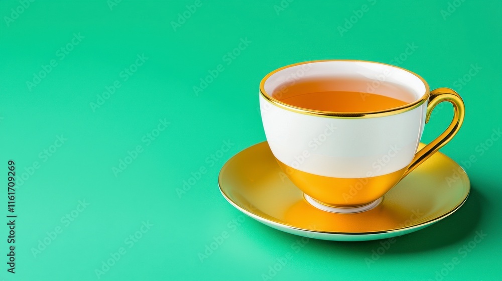 Fototapeta premium Elegant Teacup and Saucer with Golden Trim on Vibrant Background