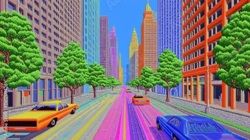 Pixel art city background with colorful houses trees a road with vehicles and a vibrant skyline of tall buildings. Ideal for urban themes retro aesthetics video games city planning educational photo