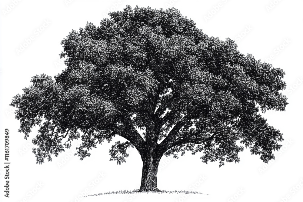 Fototapeta premium The image is a black and white illustration of a tree, featuring detailed shading and lines to depict the leaves and branches