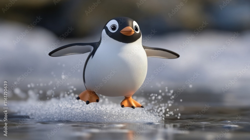 Obraz premium Playful cartoon penguin gliding over icy water surface