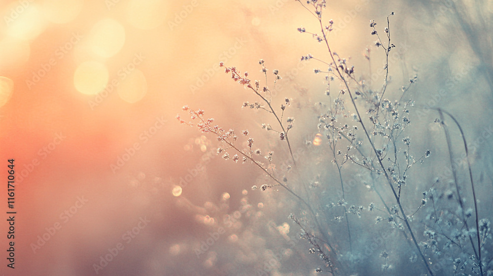 Obraz premium Soft sunlight illuminates delicate flowers in a serene morning landscape