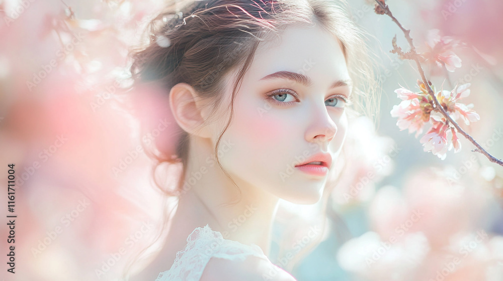 Beauty surrounded by cherry blossoms during springtime in a tranquil garden Beauty surrounded by cherry blossoms during springtime in a tranquil garden