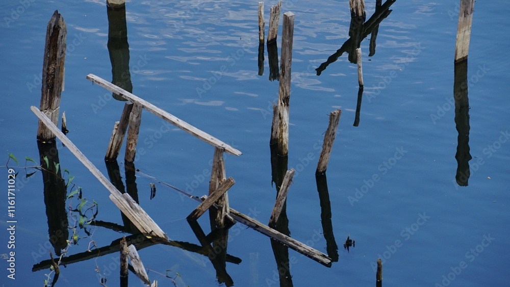 Wooden poles on the surface of the lake with reflection in the water .Background abstract idea Wooden poles on the surface of the lake with reflection in the water .Background abstract idea