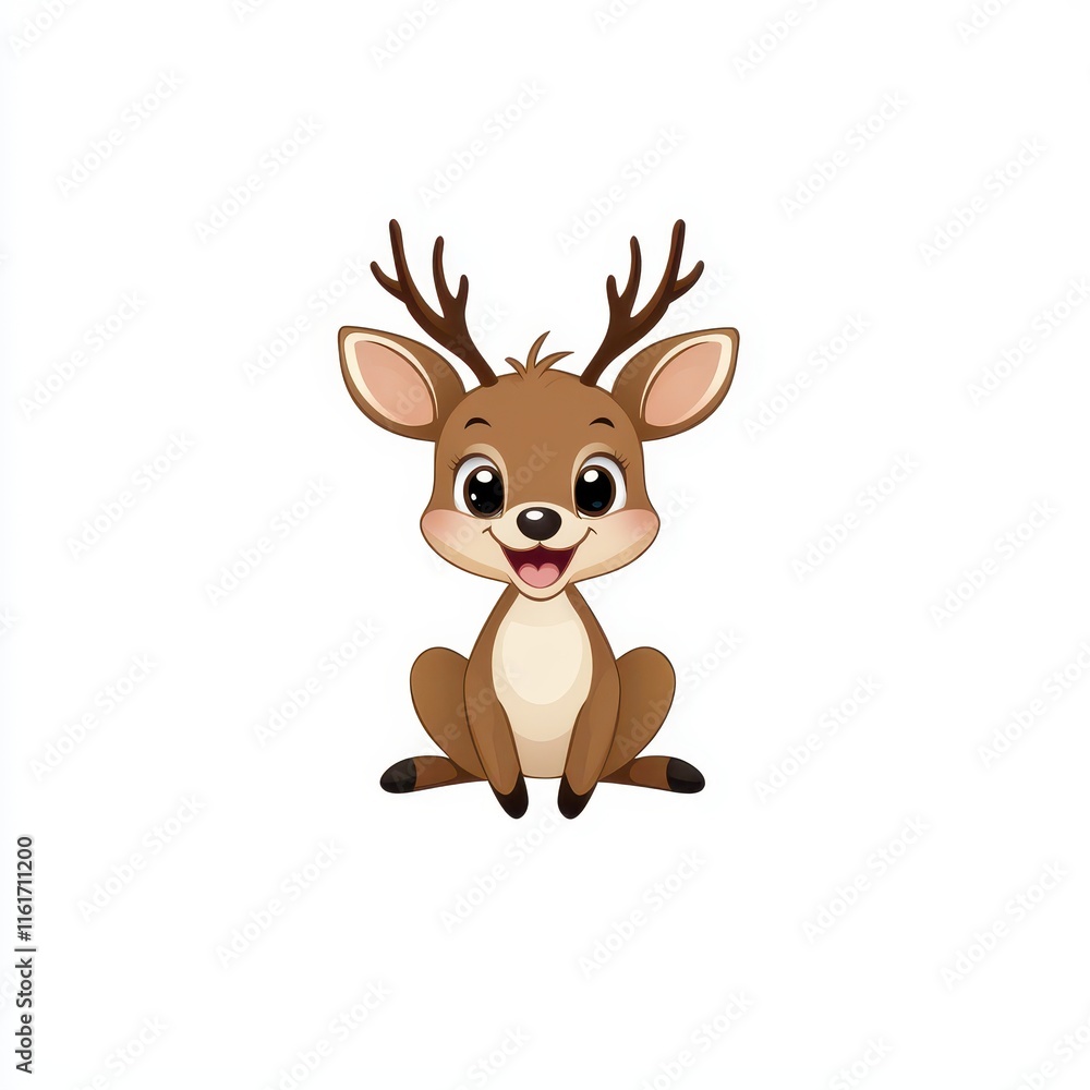 Cute Cartoon Deer Character with Big Eyes and Antlers Sitting Cheerfully on a White Background, Perfect for Kid's Designs and Animal Themes Cute Cartoon Deer Character with Big Eyes and Antlers Sitting Cheerfully on a White Background, Perfect for Kid's Designs and Animal Themes