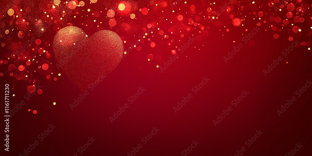 Golden heart shining on red background with sparkling glitter and bokeh lights Golden heart shining on red background with sparkling glitter and bokeh lights