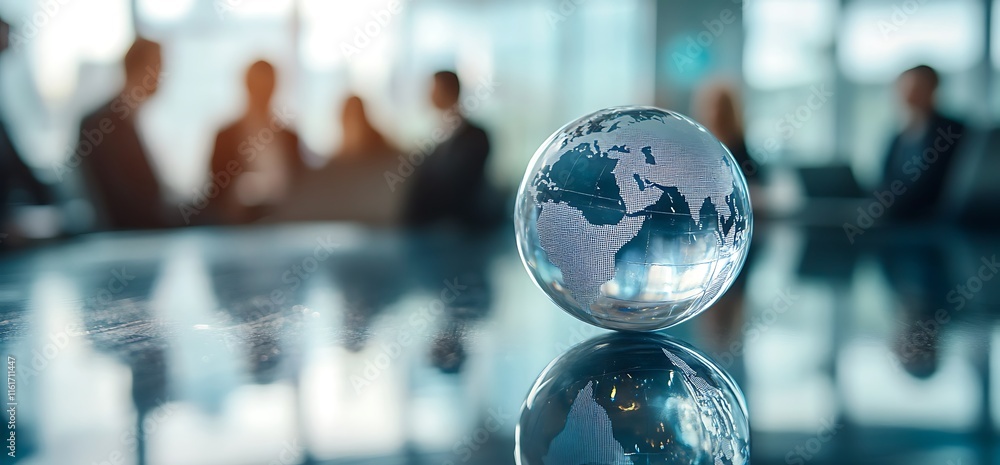 A glass globe on a reflective surface with business people in the background. A glass globe on a reflective surface with business people in the background.