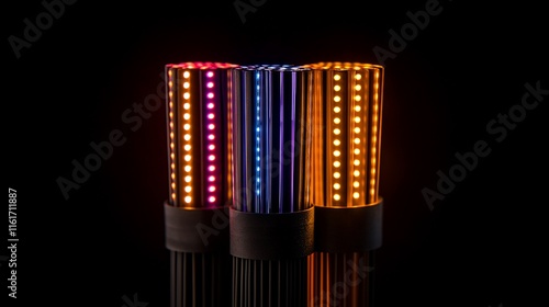 Three colorful LED cylindrical lights on dark background.