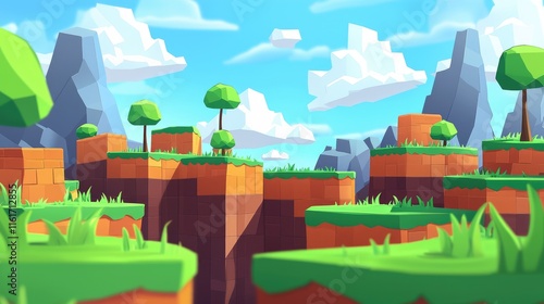 Low Poly Landscape with Mountains, Trees, and Clouds