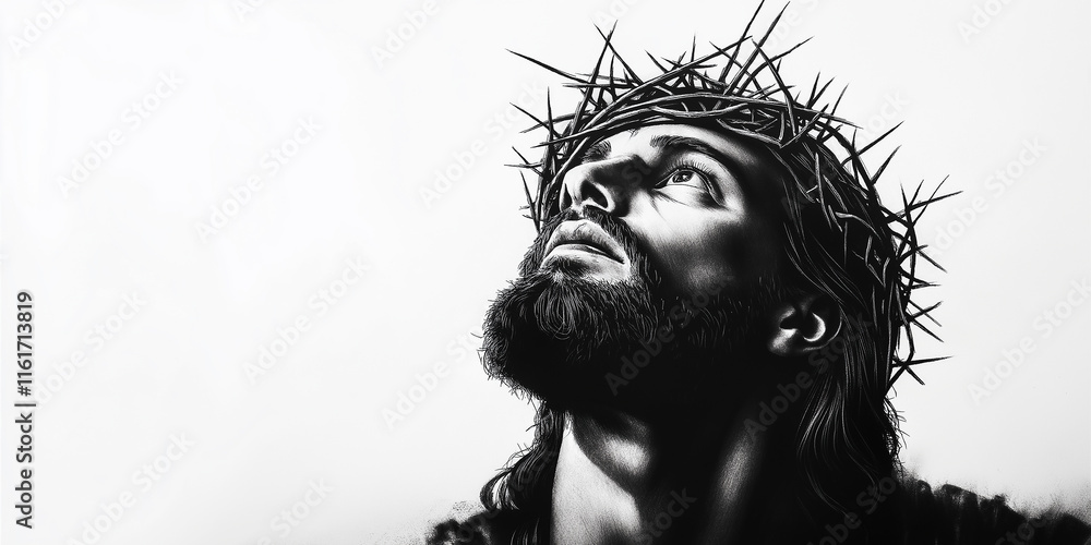 Fototapeta premium Jesus christ wearing crown of thorns looking upwards in black and white