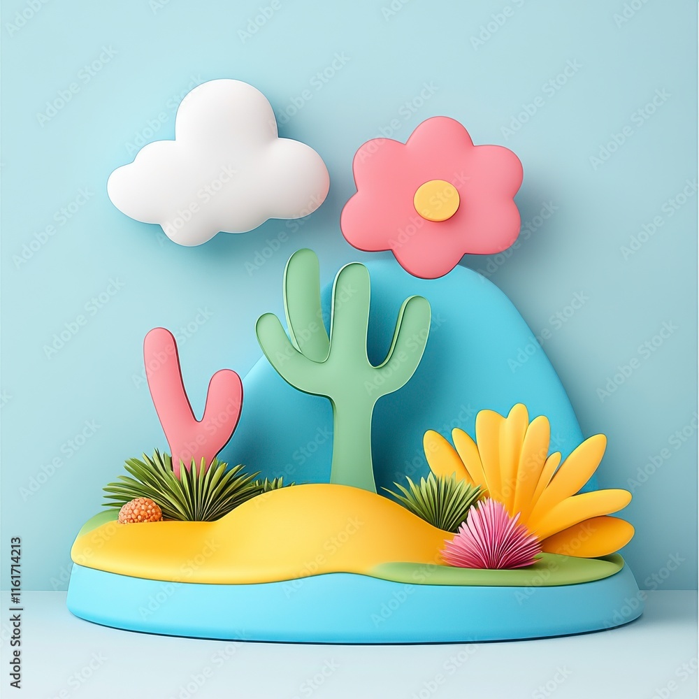 Vibrant and Playful 3D Composition of Cacti and Flowers on Surface Vibrant and Playful 3D Composition of Cacti and Flowers on Surface