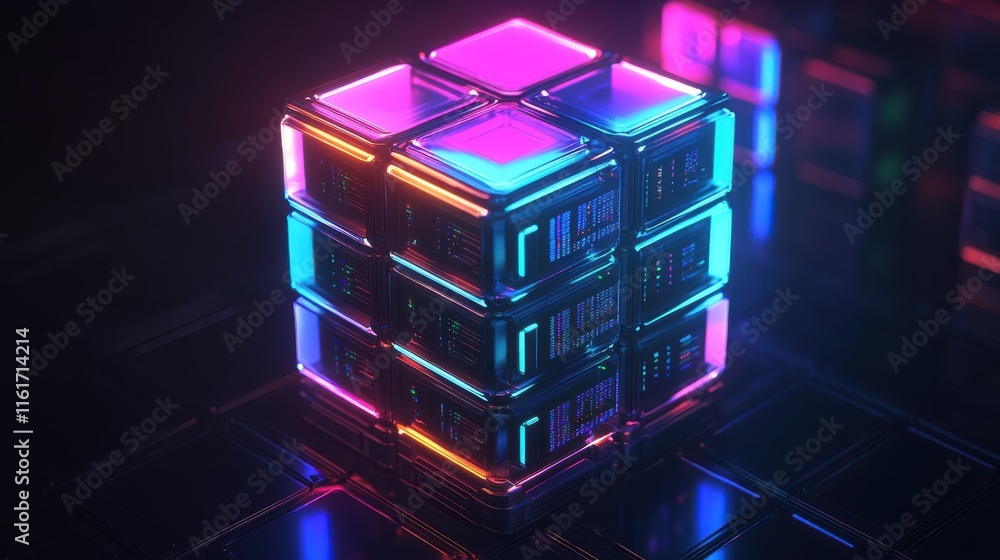 Futuristic Neon Cube with Glowing Lights in Dark Environment Futuristic Neon Cube with Glowing Lights in Dark Environment