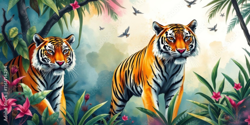Fototapeta premium Watercolor painting of tigers surrounding empty space for text, watercolor, animals, colorful