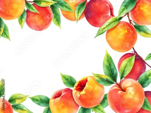 Watercolor painting of vibrant summer fruits like peaches, plums, and nectarines arranged in a frame with space for text, copyspace, peaches, watercolor photo