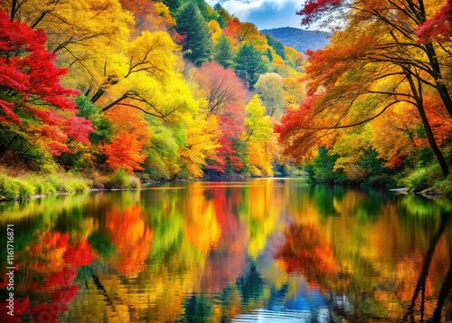 Serene Autumn Forest River Reflection photo