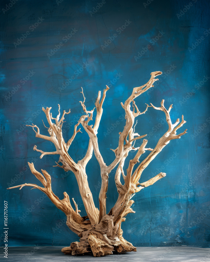 Fototapeta premium Stunning driftwood sculpture in dynamic pose against dark blue background with studio lighting