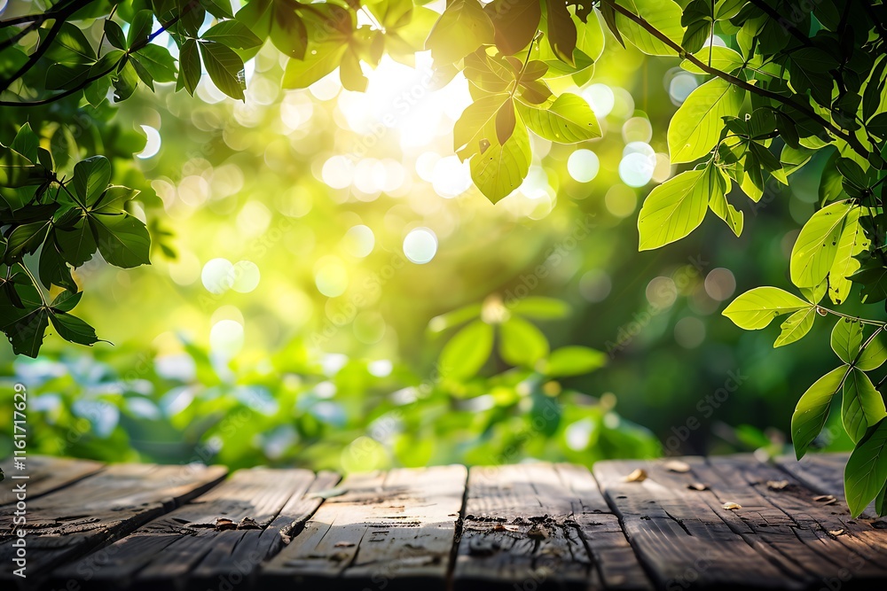 Wooden table with green leaves in sunny day, bokeh background Wooden table with green leaves in sunny day, bokeh background