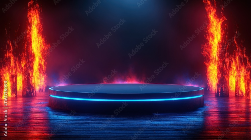 Illuminated Circular Platform Between Fiery Pillars Illuminated Circular Platform Between Fiery Pillars