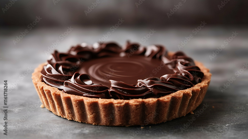 A luxurious chocolate ganache tart with a buttery crust, topped with smooth swirls of chocolate frosting. Perfectly crafted for indulgence and special occasions. A luxurious chocolate ganache tart with a buttery crust, topped with smooth swirls of chocolate frosting. Perfectly crafted for indulgence and special occasions.
