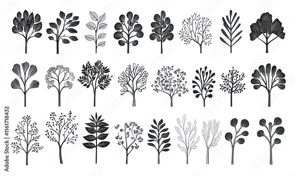 Fototapeta premium Collection of minimalist hand-drawn trees and shrubs.
