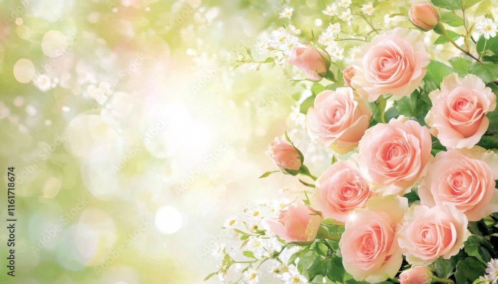 Pink Roses in Full Bloom with Buds in Lush Green Garden - Floral Banner Background Pink Roses in Full Bloom with Buds in Lush Green Garden - Floral Banner Background