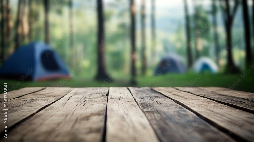 Wood table and Blurred camping and tents in forest. Wood table and Blurred camping and tents in forest.