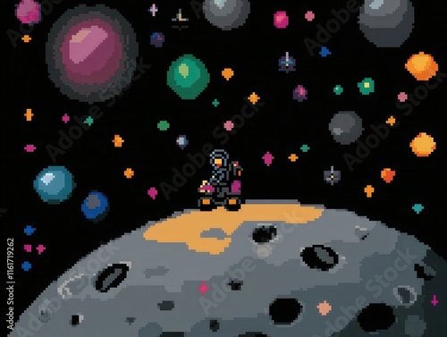 A vibrant 8-bit pixel art of a glowing pixelated astronaut riding a glowing pixelated space rover across a glowing planetary surface, surrounded by sparkling craters, glowing stars, and colorful  photo