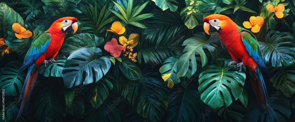 Obraz premium Two Scarlet Macaws Perched Amidst Lush Tropical Foliage