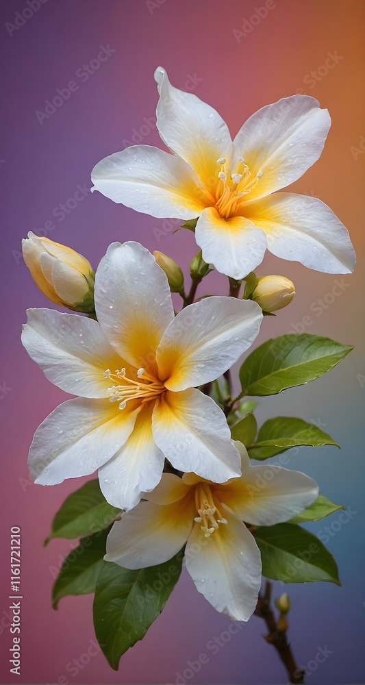 Fototapeta premium A bunch of white and yellow flowers with green leaves.