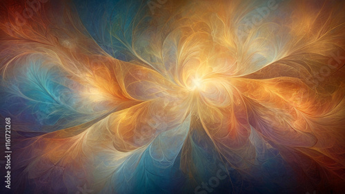 Abstract Fractal Sunburst in Radiant Golden and Blue Hues