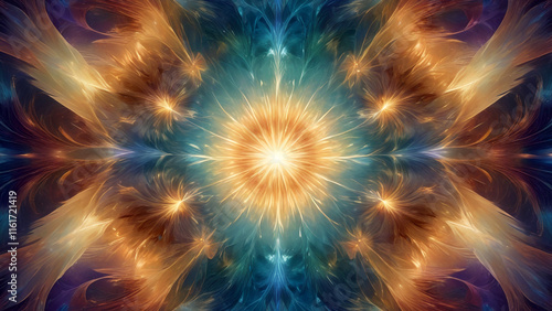 Abstract Fractal Sunburst in Radiant Golden and Blue Hues
