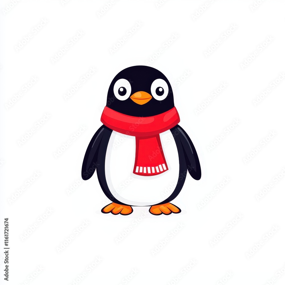 Obraz premium Adorable Penguin Wearing a Cozy Red Scarf Against a Winter Wonderland Background Evoking Joy and Warmth in a Playful Seasonal Atmosphere