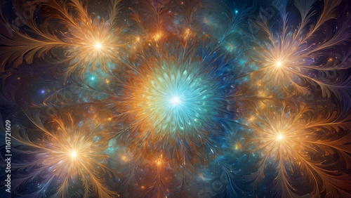 Abstract Fractal Sunburst in Radiant Golden and Blue Hues